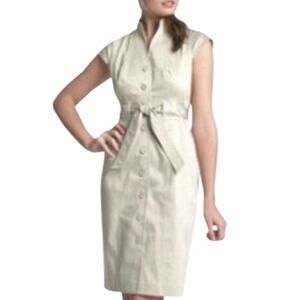 Calvin Klein Linen Beige Cap Sleeve Button Tie Waist Belt Dress Women's Size 10